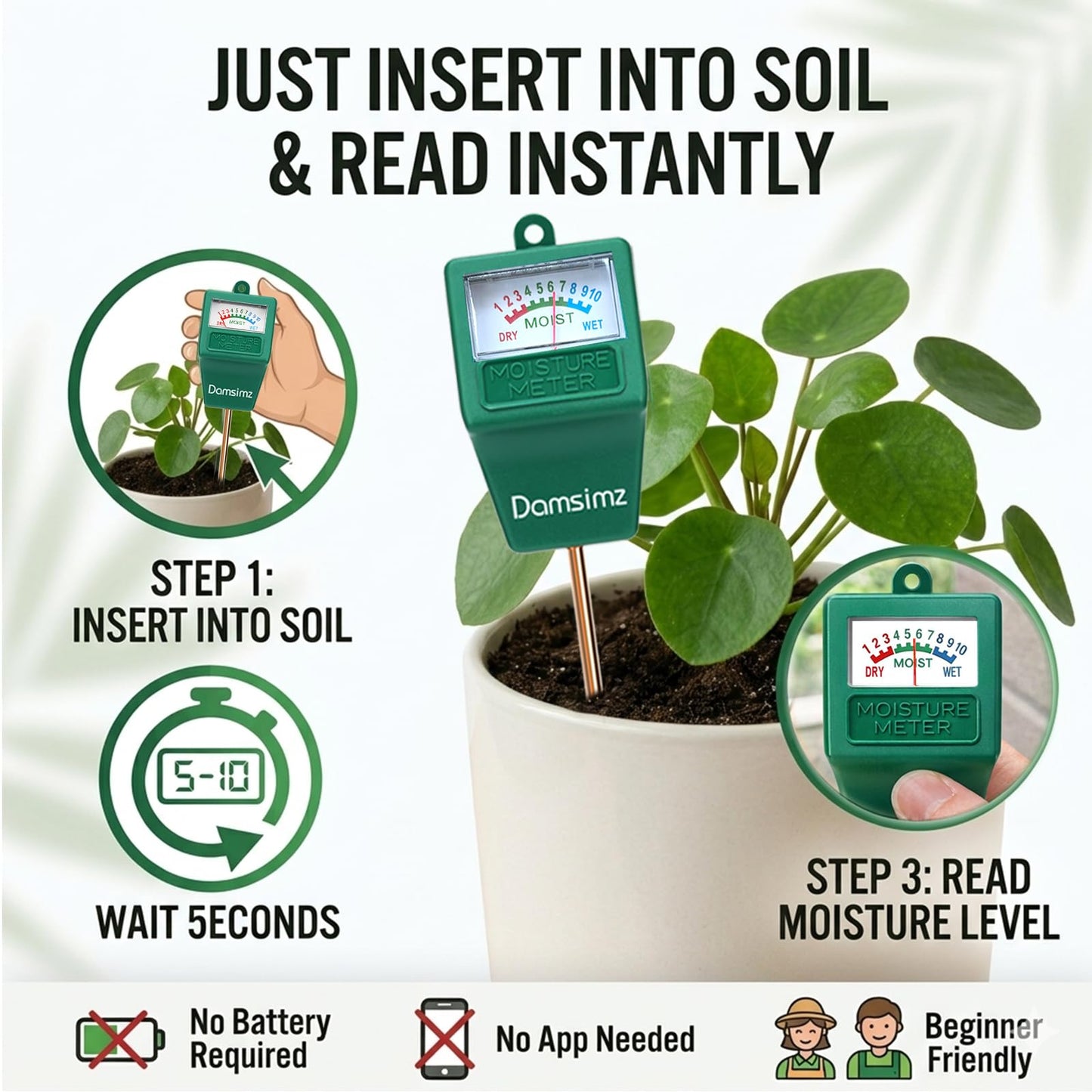 Damsimz 2 Packs Soil Moisture Meter for House Plants, Plant Water Meter, Plant Moisture Meter Soil Tester, Hydrometer for Plants Care, Gardening, Indoor and Outdoor Plants, No Battery Needed