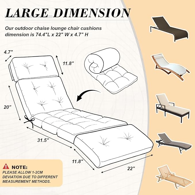 Outdoor Chaise Lounge Chair Cushion 74.2 x 22 x 4.7 Inches Thickened 100%
