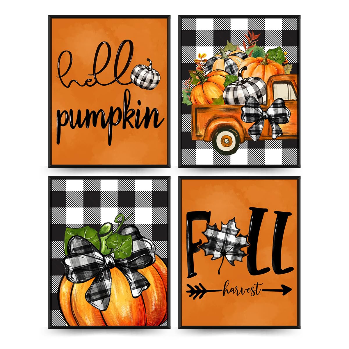 PLKMN Fall Wall Decor Set of 4, Thanksgiving Buffalo Check Pumpkin Truck Orange Decor, Fall Pictures Wall Art Prints 8x10 for Home Gallery Bedroom (Unframed)