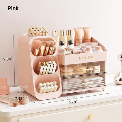 UFORU Makeup Organizer for Vanity with Brush Holder, Large Capacity Bathroom Countertop Skincare Organizer with 2 Drawers, Cosmetic Display Case for Perfumes, Eyeshadow Palettes, Nail Polishes
