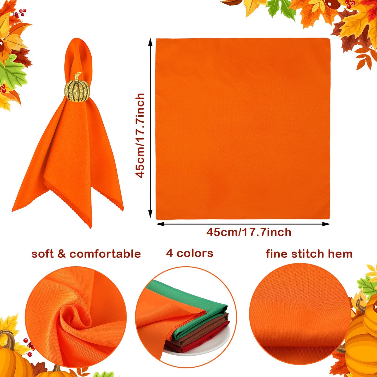 16 Pcs Fall Thanksgiving Napkin Ring Set 8 Pcs Napkin Rings and 8 Pcs Washable Thanksgiving Dinner Napkins for Fall Party Holiday Kitchen Table Decoration for Autumn Party Supplies (Pumpkin)