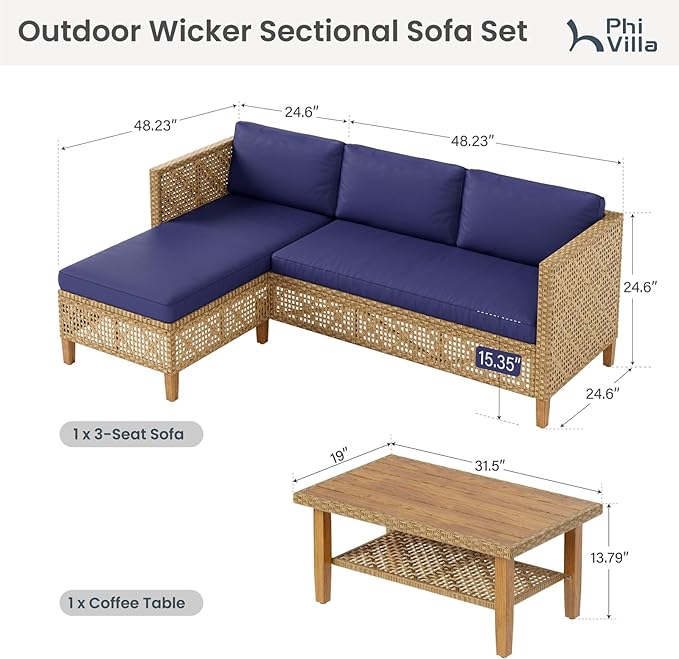 PHI VILLA Sectional Outdoor Couch, L-Shaped Wicker Patio Sofa Set, Small Rattan