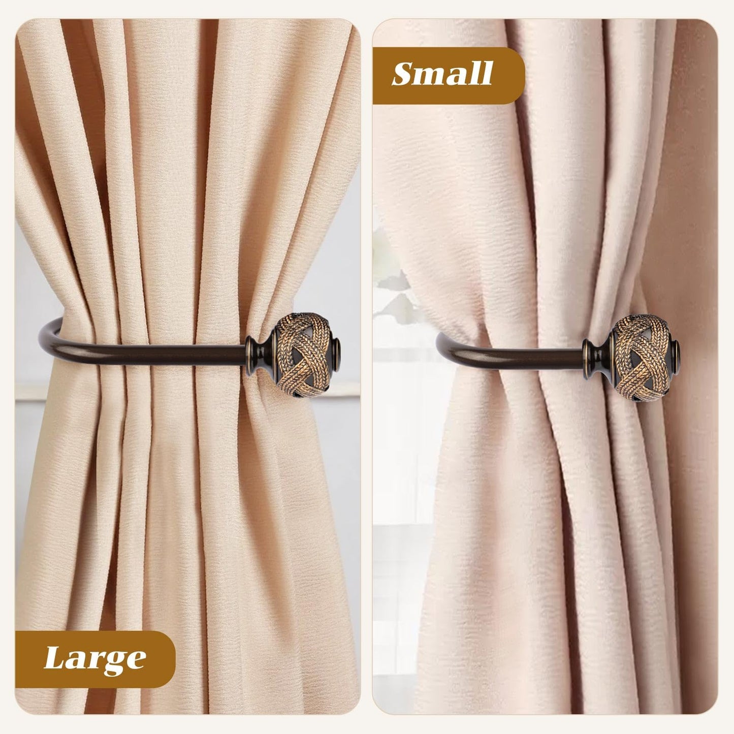 USFOOK 2 Pack Bronze Curtain Holdbacks, Decorative Window Drapery Tiebacks (2 Pack/1 Pair), Curtain Tie Back Hooks for Wall with Leaf Finials (3.95" L x 3.4" W)
