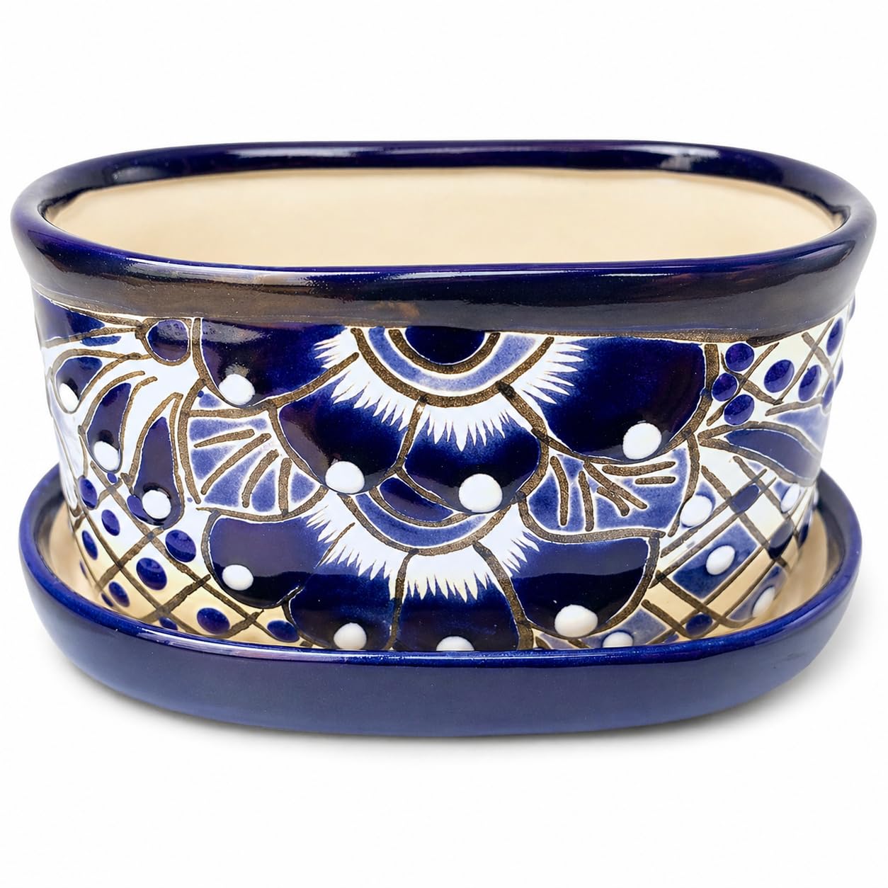 Casa Fiesta Designs Small Ceramic Pot - Flower Planter with Drainage for Cactus Bonsai Succulents Blue and White Ceramic Pot - Desk Size - Maceta Ceramica Maceta Azul Blanco