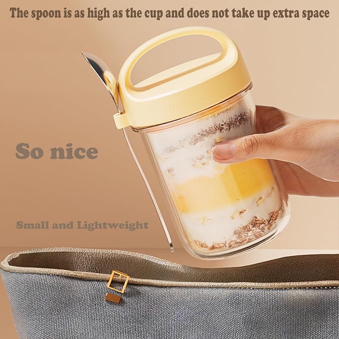 2Pack Overnight Oats Containers with Lids and Handle,14 oz Airtight Oatmeal Container,Mason Jars with Lid for Cereal,Milk,Fruit,Yogurt,On The Go Container,Salad Jars,Glass Jars (Yellow)