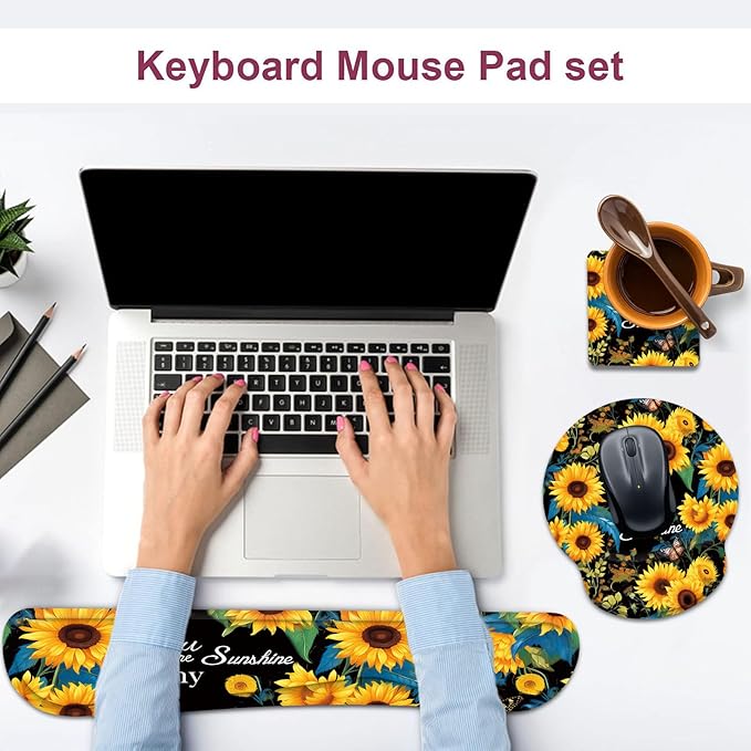Keyboard Wrist Rest and Mouse Wrist Rest Pad with Cup Coaster,Made of Memory Foam,Ergonomic Support,Easy-Typing and Pain Relief,for Gaming Office Home Computer,You are My Sunshine Sunflower