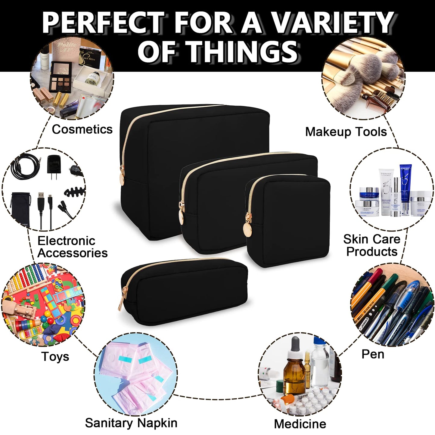 UIXIZQ Waterproof Small Pencil Case Makeup Bag for Purse,Cute Pencil Pouch Preppy Nylon Makeup Brush Holder with Zipper,Girls Portable Storage Case Small Pen Bag for Office(Slim-Black)