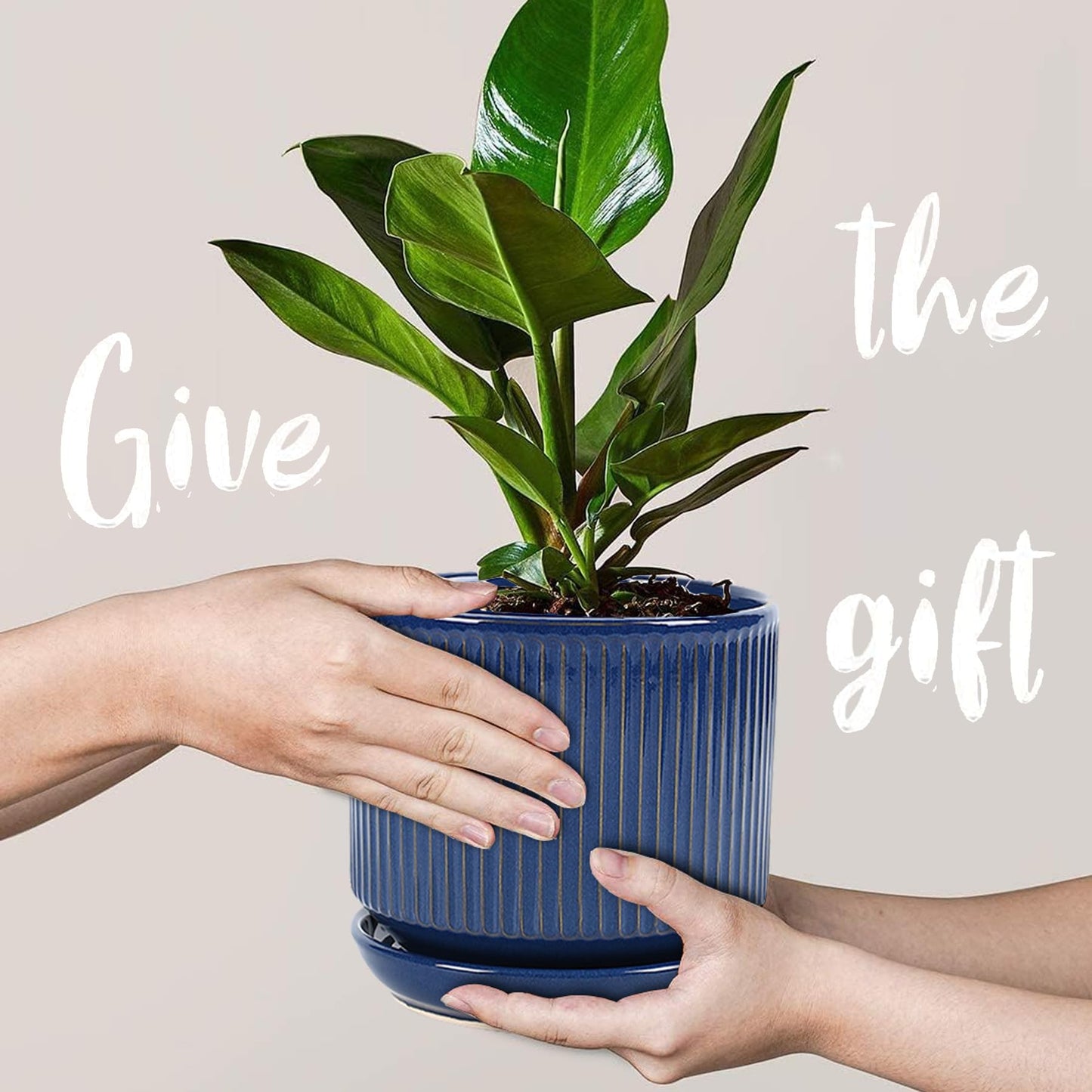 TANEW Ceramic Plant Pots with Drainage Hole and Saucer, Set of 3, 4.3+5.5+6.7 Inch Stripe Garden Planter Pots for Outdoor Indoor Succulent Orchid Plants Flower, Gifts for Mom, Reactive Glaze Blue