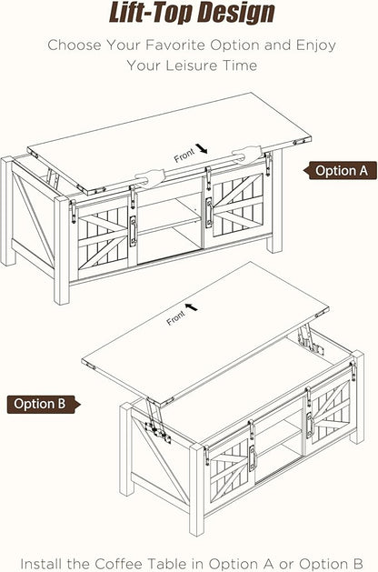 OKD 48" Farmhouse Lift Top Coffee Table with Sliding Barn Door,Rustic Center Table with Hidden Storage Compartment,Lifting Tabletop and Adjustable Shelf for Living Room,Office,Antique White