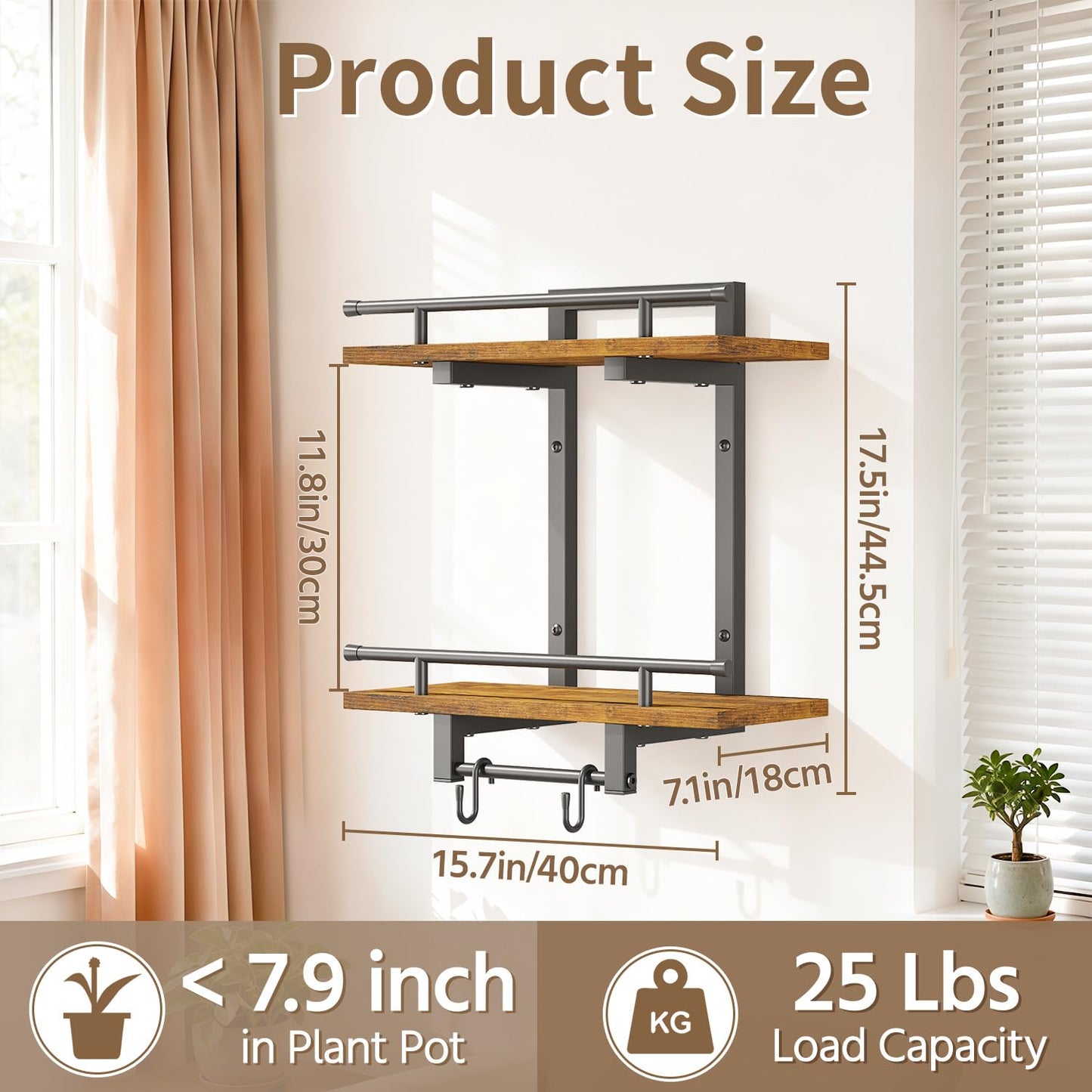 LASZOLA 2Pcs Wall Mount Plant Shelves with 4 Hangers for Indoor, Heavy Duty Metal and Wood Window 2 Tier Floating Flower Holders Stand for Kitchen Bathroom, Modern Display Bracket Rack, Rustic Brown