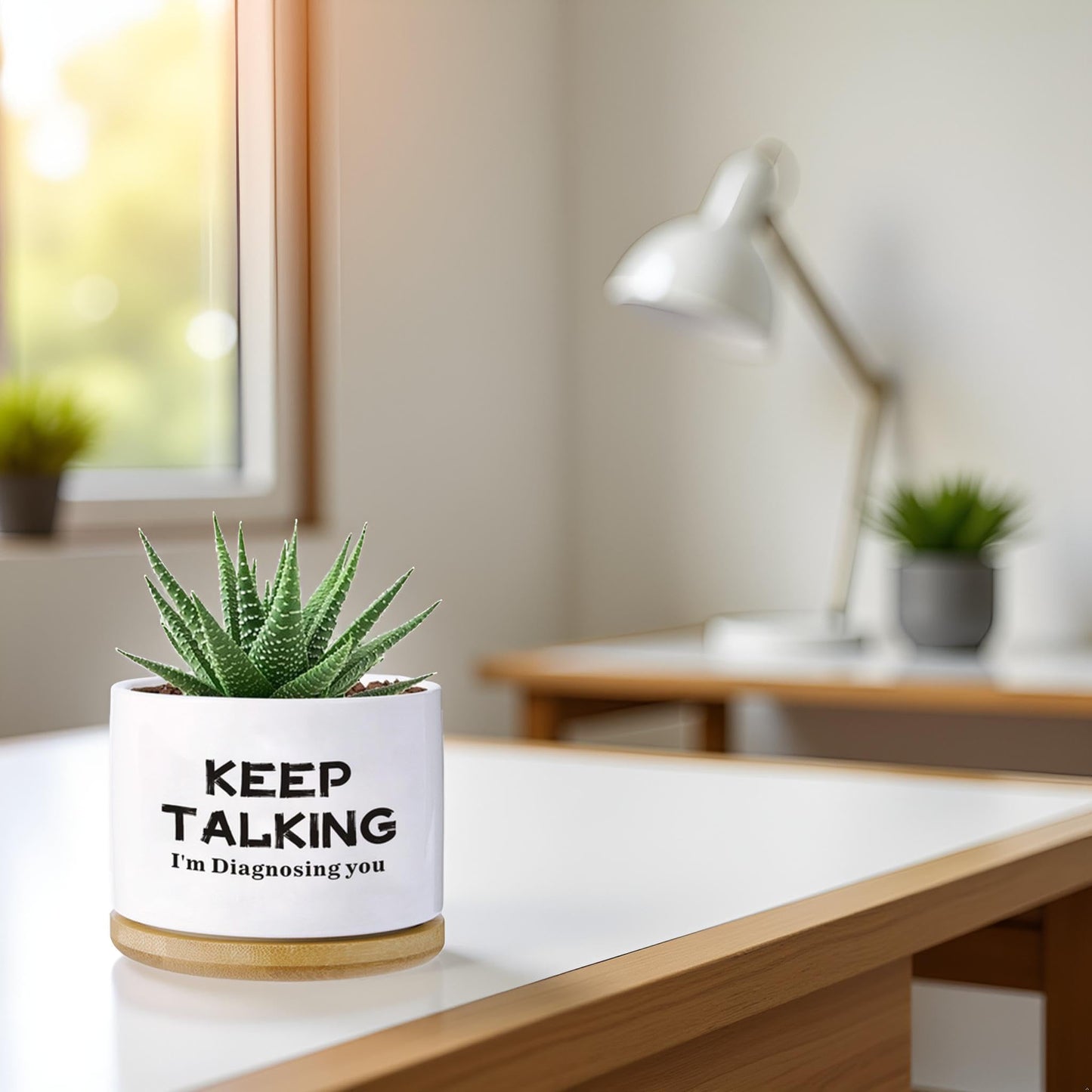 Psychology Decor Gifts,Keep Talking I'm Diagnosing You Funny Succulent Planter with Bamboo Tray - 3.5 Inch Funny Desk Decor, Psychologist Therapist Gift (White)(No Plants)
