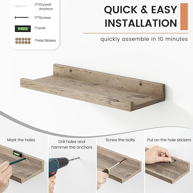 Floating Picture Ledge Shelves for Wall Set of 8, 16 Inch Wall Shelves