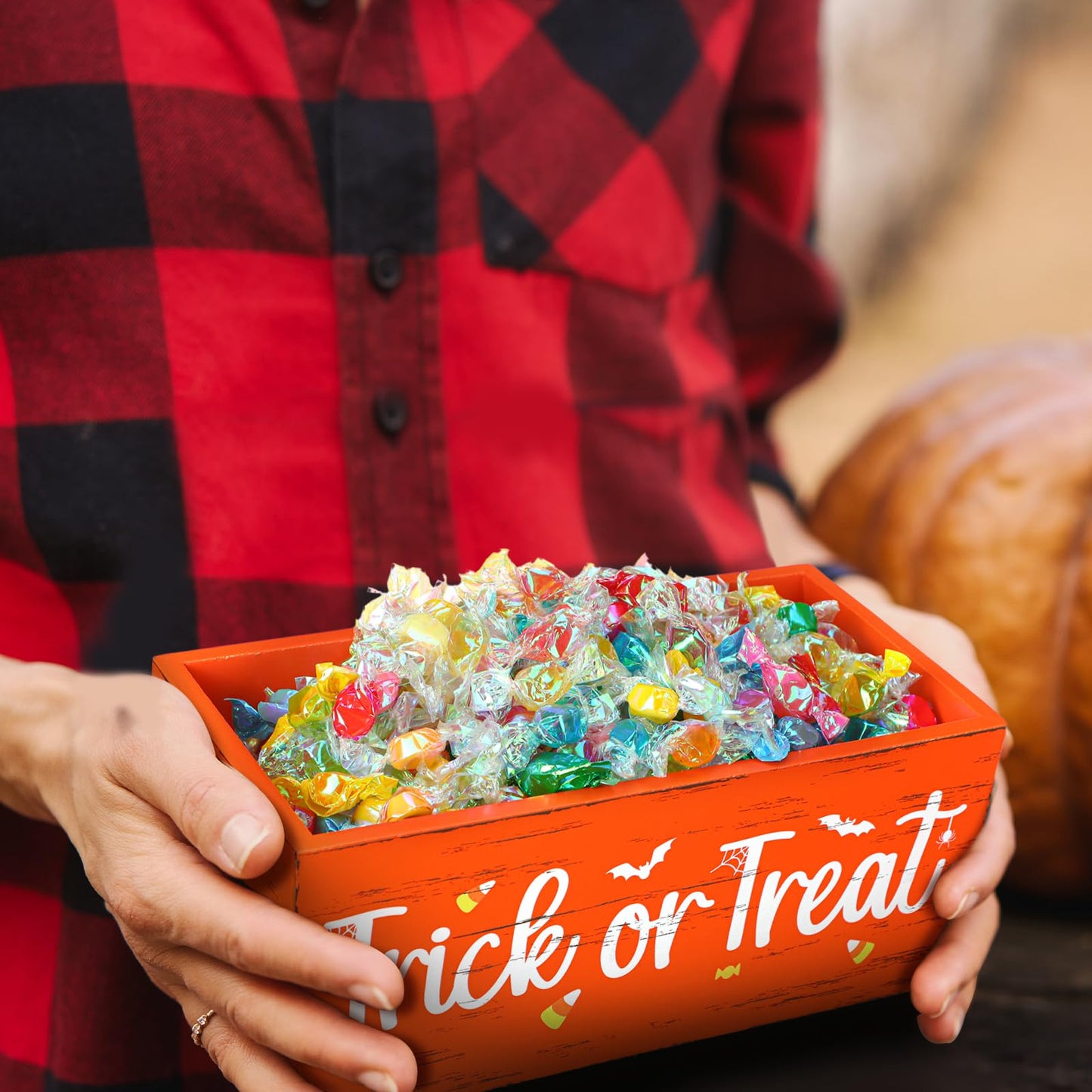 Sintuff Halloween Candy Bowl Wooden Funny Candy Dish Large Trick or Treat Dish Holders Wood Serving Pumpkin Orange Bowl Tableware for Halloween Holiday Party Tiered Tray Decorations(Trick or Treat)
