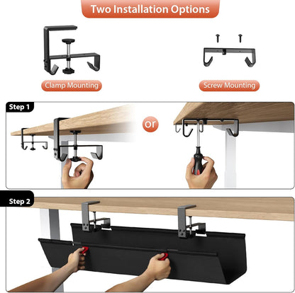 Univivi No Drill Under Desk Cable Management Tray, 28" Cord Organizer for Table, Clamp/Screw Mount Desk Cable Management, Premium Fabric Cable Management Tray for Office, Home