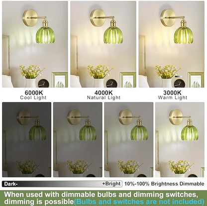 Vintage Wall Sconces Set of Two,Hardwired Wall Lights with Green Tulip Glass Lampshade,Gold Wall Lamps for Bedroom Bedside Stairway Bathroom Living Room(Bulbs Not Included)
