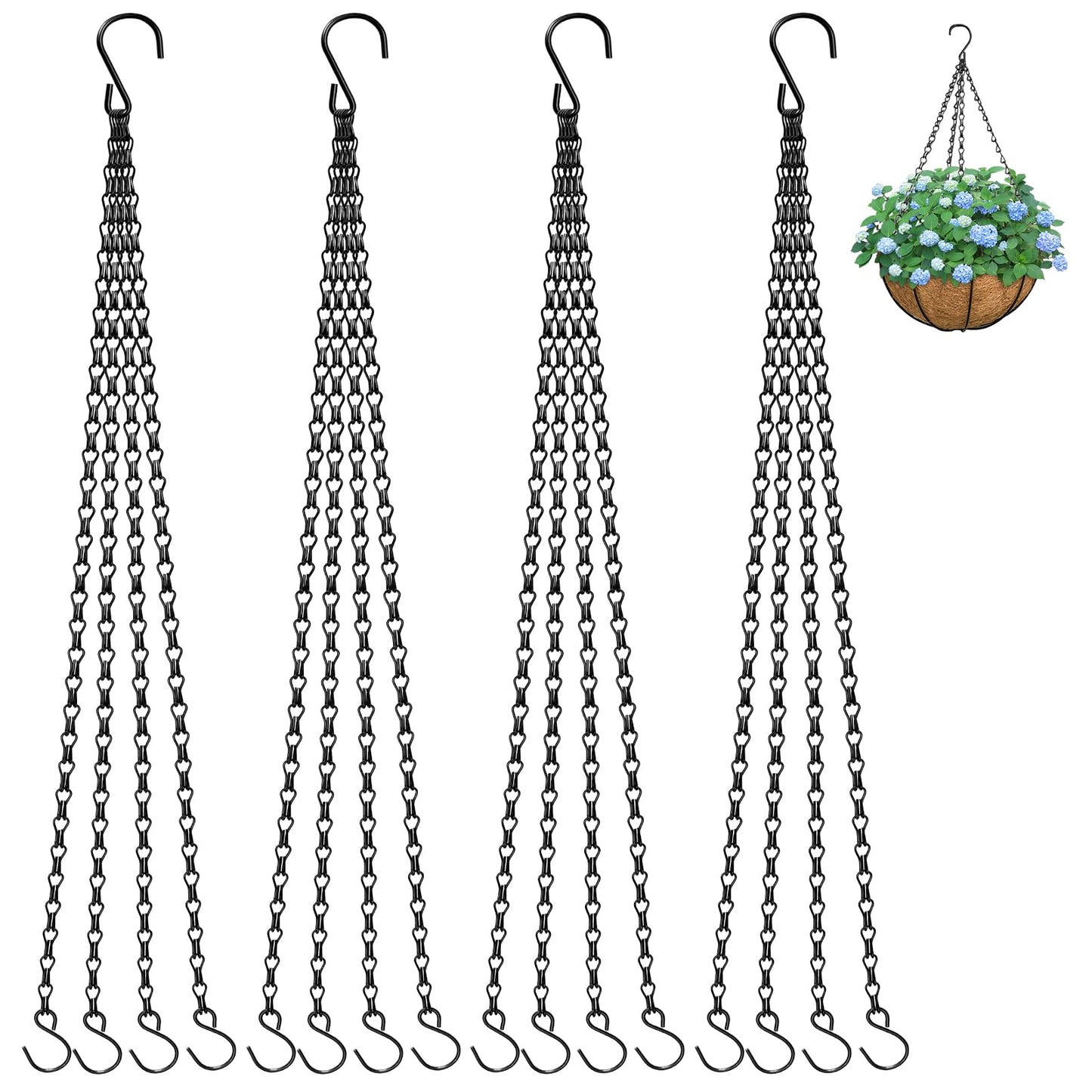 ZeeDix 4 Pack, 16 Inch Hanging Basket Chain with Hooks, Black Metal Planter Flower Pot Chain for Hanging Plants Outdoor, Adjustable Replacement Chain for Lanterns, Bird Feeders and Flowers