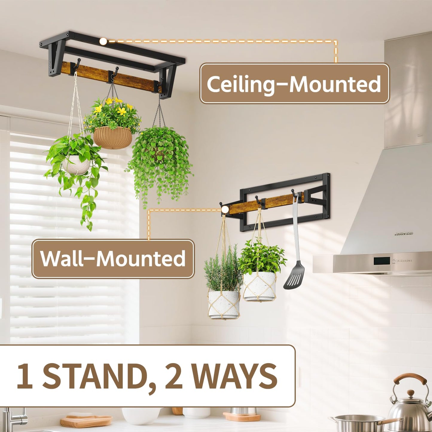 LASZOLA 2 Pcs Plant Hanger Indoor with 6 Heavy Duty Hanging Hooks, Metal and Wood Wall Mounted Plant Hanging Rod, Plant Shelves Holder Bar for Kitchen Window Ceiling (Pot/Chain/Plants not Included)