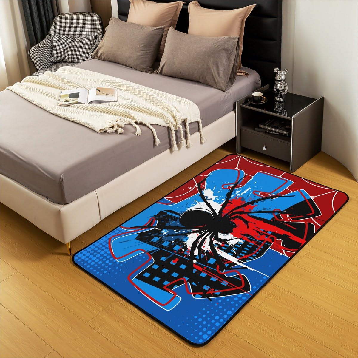Spider Web Kids Area Rug,Spider Arachnid Insect Animal Indoor Floor Mat Entrance Rug for Boys Girls Women Men,Modern Block Halloween Non Slip Rug,Red Blue Unique Couch Living Room Decor,3'x5'