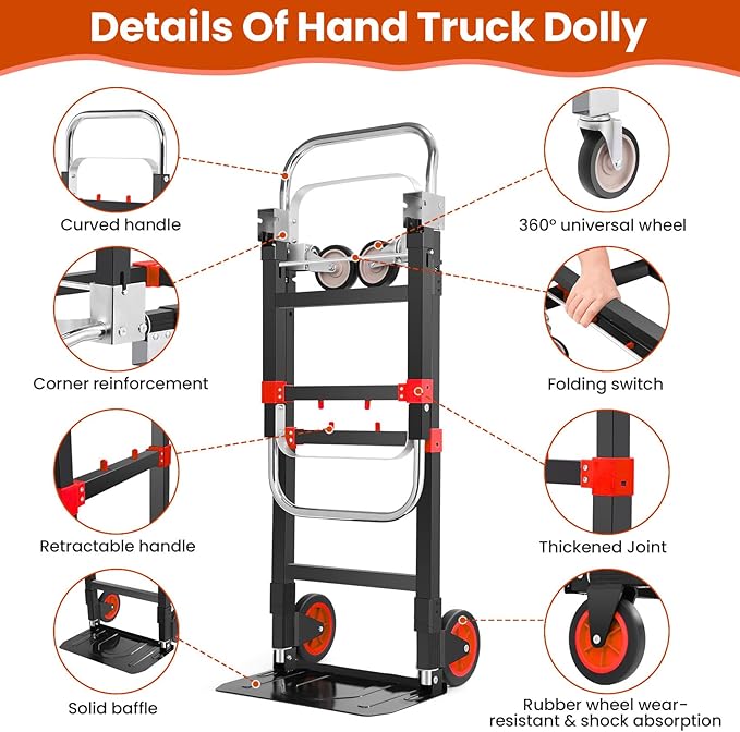 3-in-1 Folding Hand Trucks, 600Lbs Convertible Hand Truck Dolly, Heavy Duty