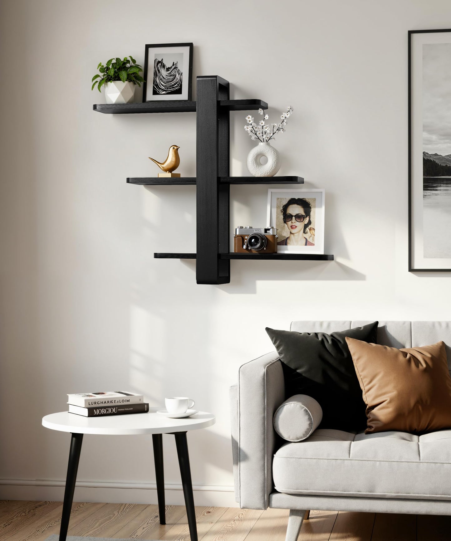 SUMGAR Black Floating Shelves for Wall Mounted Shelving Unit All Pine Wood 3 Tier Large Shelf for Bedroom Living Room Office Bathroom Home Decoration Storage Plant Photo Display Modern 20in