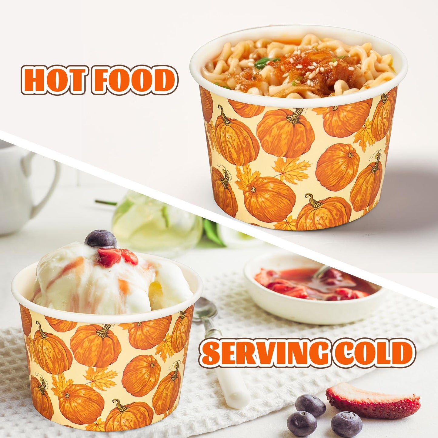 Whaline 50 Pcs Fall Pumpkin Snack Cups Watercolor Pumpkin Maple Leaves Disposable Bowls 9oz Ice Cream Dessert Treat Paper Bowls for Autumn Harvest Thanksgiving Party Food Supplies