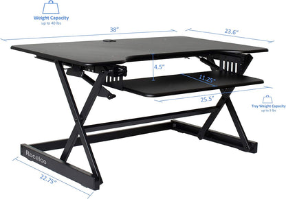 Rocelco 38" Large Height Adjustable Standing Desk Converter - Quick Sit Stand Up Dual Monitor Riser - Gas Spring Assist Tabletop Computer Workstation - Retractable Keyboard Tray - Black (R DADRB-38)