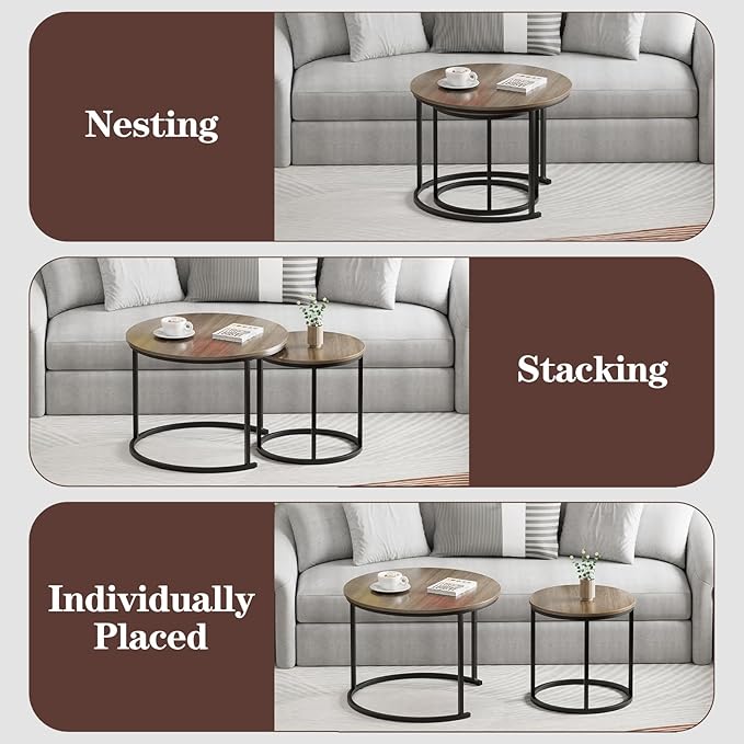 Garden 4 you Nesting Coffee Table, 23.6" Round Coffee Table Set of 2, Wooden