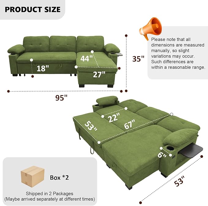 KCGKCG 93" L Shaped Sleeper Sofa Bed, Pull Out Couch Bed