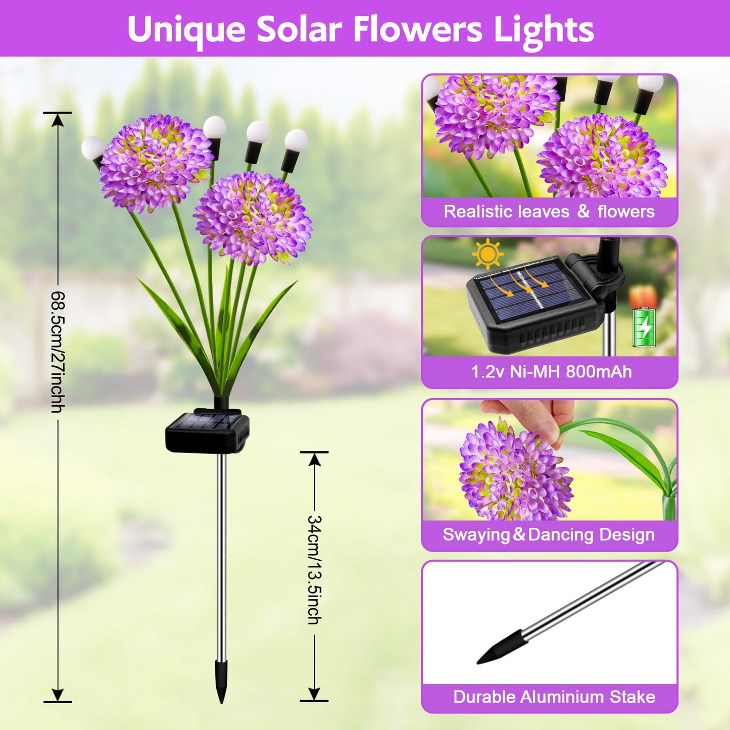 Solar Garden Lights, 4 Pack Solar Purple Swaying Firefly Lights with Flowers, Waterproof Purple Halloween Flowers Light Outdoor for Garden Patio Yard Fall Decoration, Gifts for Women Mother's Day