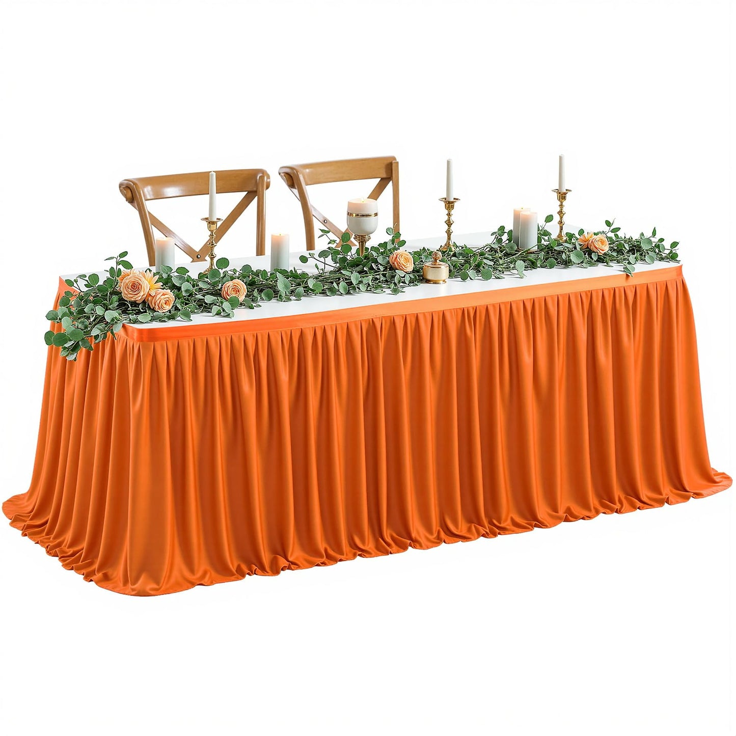 Wish Care 6ft Long Orange Table Skirt for Rectangle Tables - Wrinkle Resistant Polyester Pleated Table Skirting for Parties Weddings Office