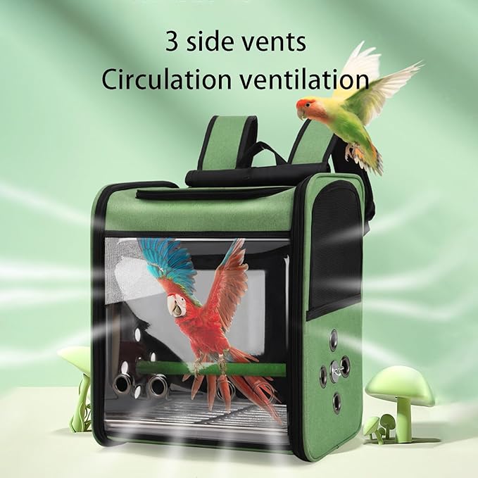 Bird Stroller Bird Backpack Carrier with Perch 14 * 11 * 16in Panoramic View with 3 Side Vents Removable Tray for Conures Parakeet Budgie (Blue)