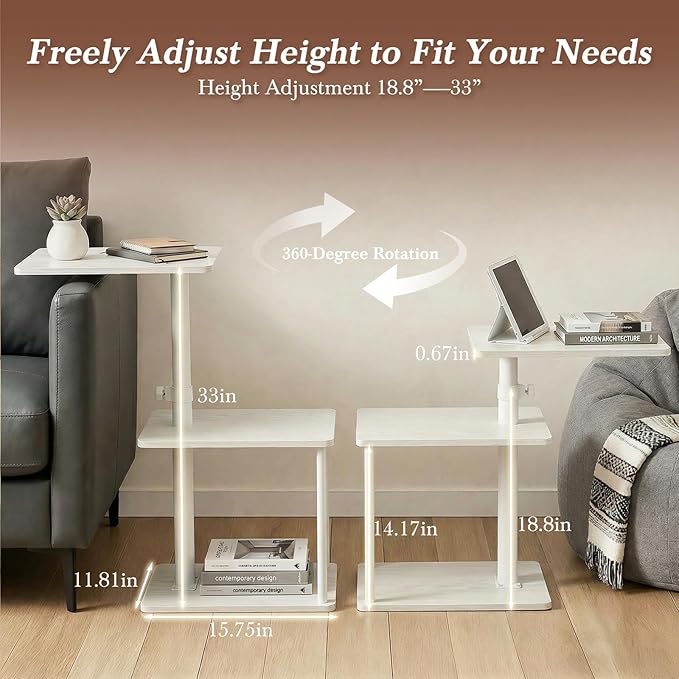 Faesun 360° Swivel Side Table for Height Adjustable, C Shaped End Table for