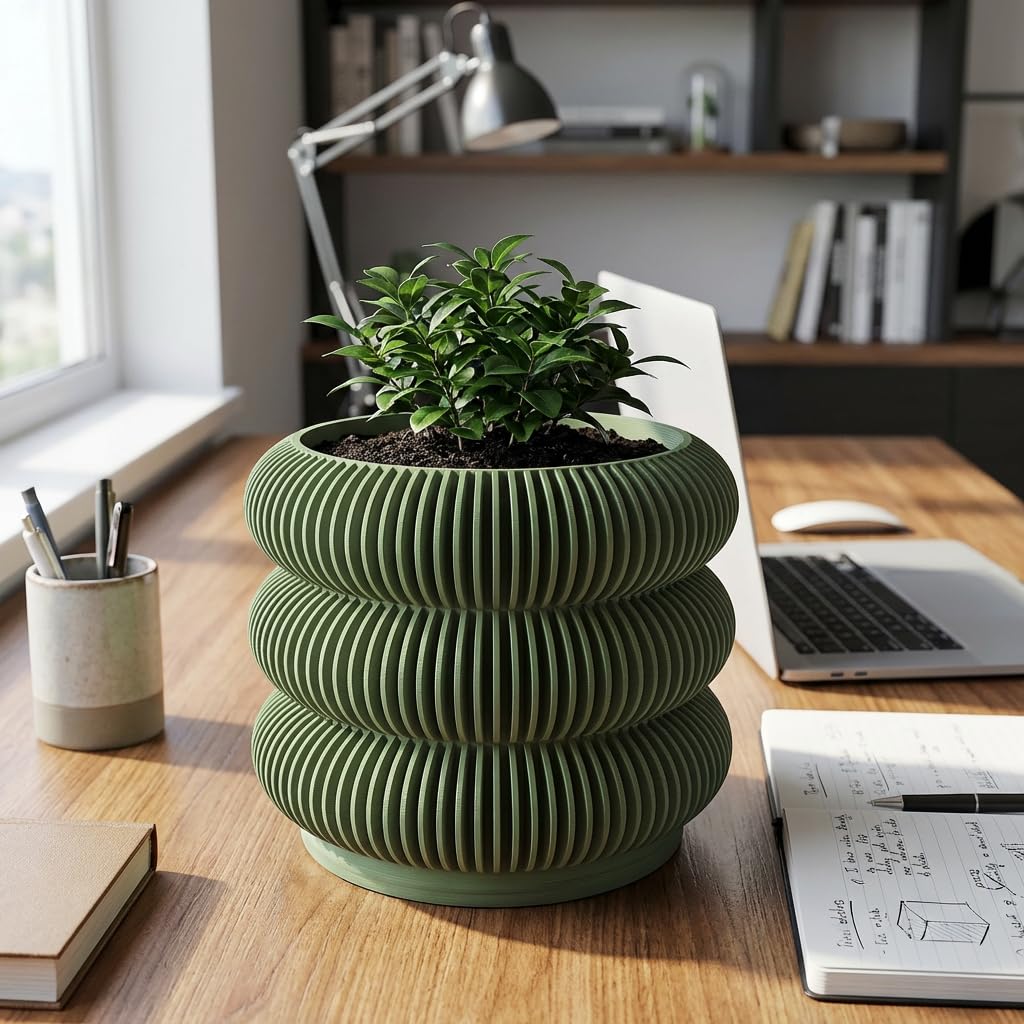 Fabix 4.7" 3D Printed Plant Pots - Unique Bubble Ring Modern Planters for Indoor Plants, Durableo-Friendly PLA Flower Pots with Drainage for Succulents, Cactus, Home Office Décor.(Military Green)