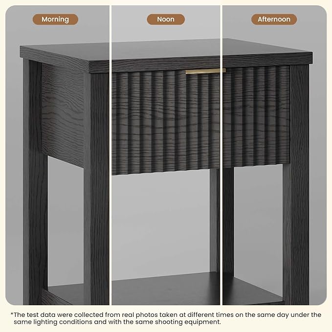 Fluted Night Stand with Golden Handle, Mid-Century Nightstands with Drawer