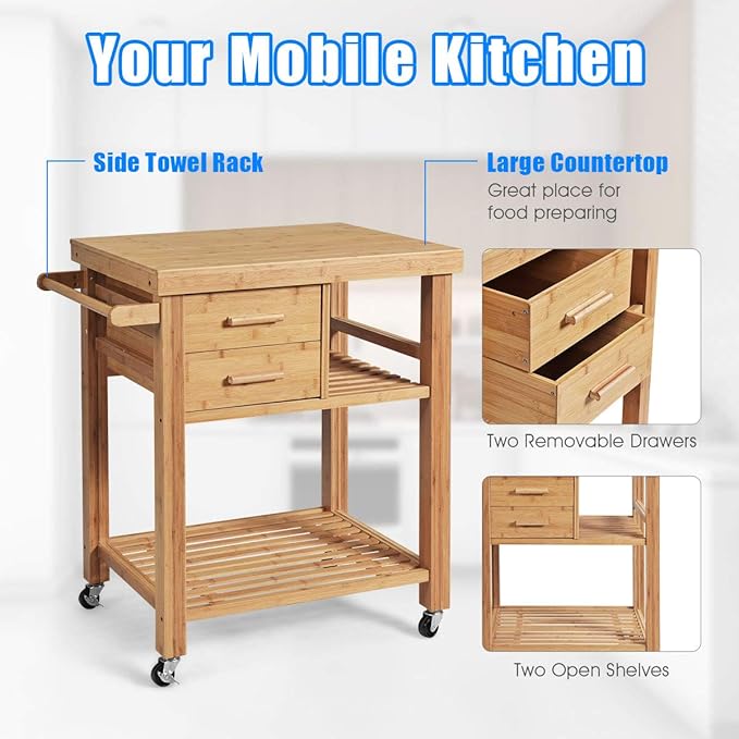 Giantex Kitchen Island, Bamboo Island Cart, Kitchen Trolley Cart on Wheels