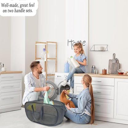 Extra Large Mesh Pop Up Laundry Hamper 2 Pack,100L Collapsible Laundry Baskets, Dirty Clothes Hamper with Reinforced Handles, Folding Hampers for Travel, Nursery, Dorm or Home. Black
