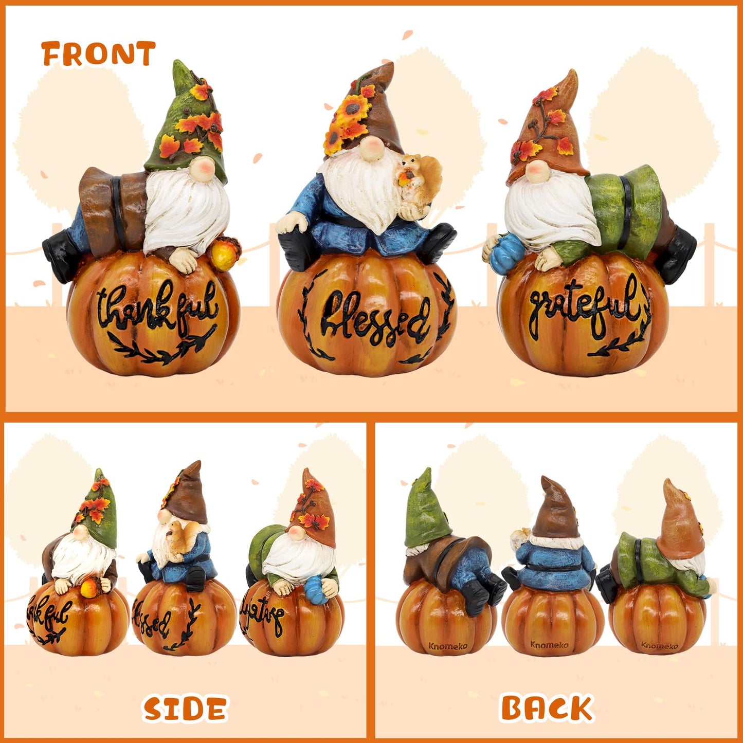 KnomeKo Thanksgiving Gnomes Fall Decorations for Home, Fall Gnomes Resin Pumpkin Figurine Thanksgiving Table Decor, Autumn Garden Farmhouse Decor Fall Gifts