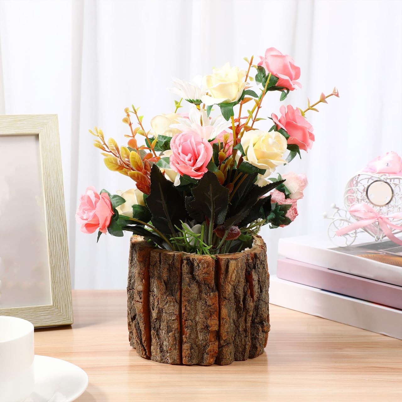 DECHOUS 3Pcs Wood Stump Flower Pots - Rustic Tree Bark Plant Pot Table Centerpieces Vase Flower Stump Bucket Planter for Home Farmhouse Decor Indoor Garden Decoration