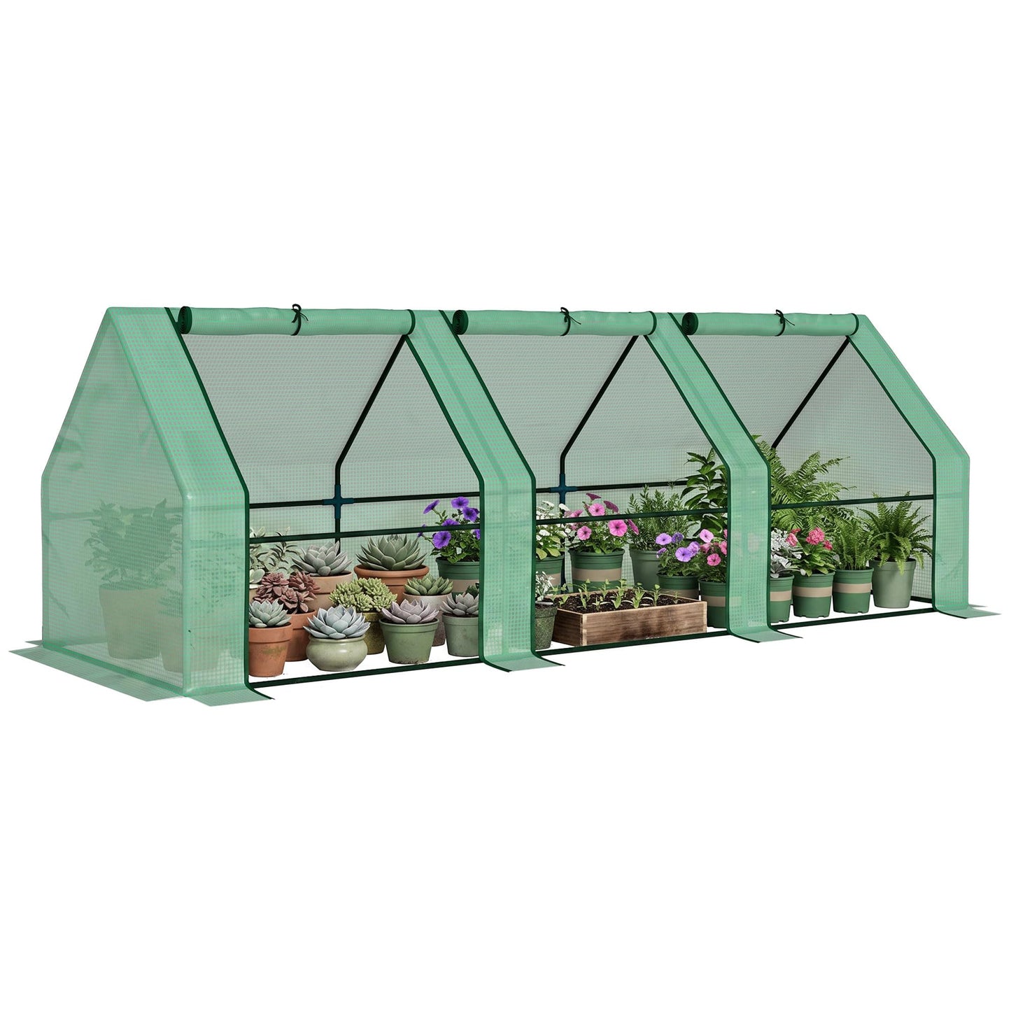 Outsunny 9' x 3' x 3' Mini Greenhouse with Zippered Doors & Roll-up Windows, Portable Plant Hot House with PE Cover, Water Resistant, UV Protected for Outdoor Flowers, Vegetables, Green