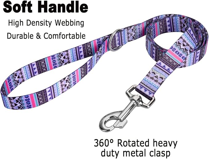 MarukoPet Dog Collar and Leash Set, Adjustable for Small Medium Large Dogs Puppy, Cute Design with Bohemia Floral Tribal Geometric Patterns Boys Girls Dog Collar(Purple Bohemia Set,L)
