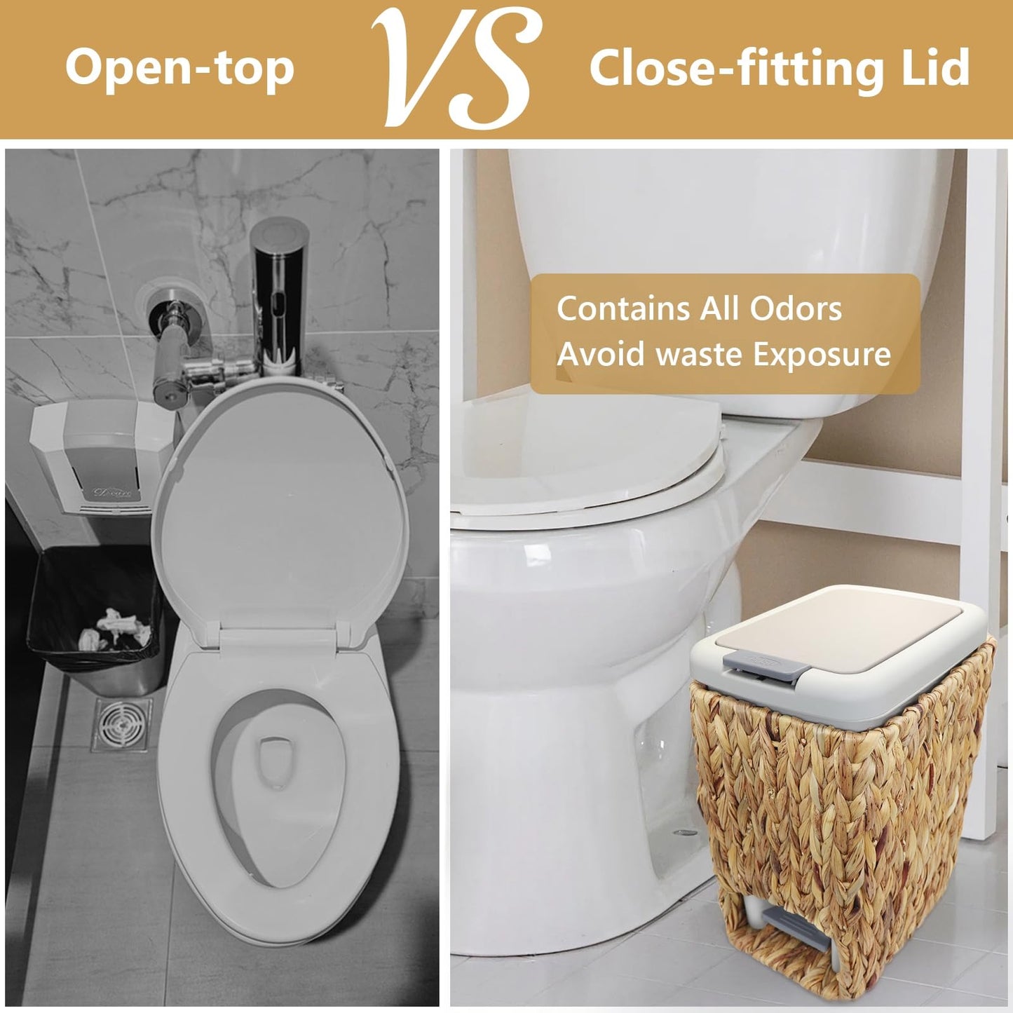 Oranwell Slim Bathroom Trash Can with Lid, 3 Gallon Small Trash Garbage Can Narrow Rubbish Waste Bin Basket with Press Top Step On Wicker Slim Wastebasket Wastepaper Basket for Bath Bedroom Office