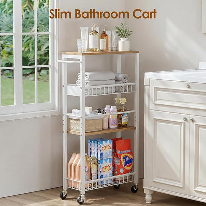 Slim Storage Rolling Cart, 4 Tier Narrow Cart with Wheels, Metal Kitchen Rolling Cart for Small Spaces, Slide Out Storage Shelves for Kitchen, Laundry Room, Bathroom, Living Room, 7.1in(W)