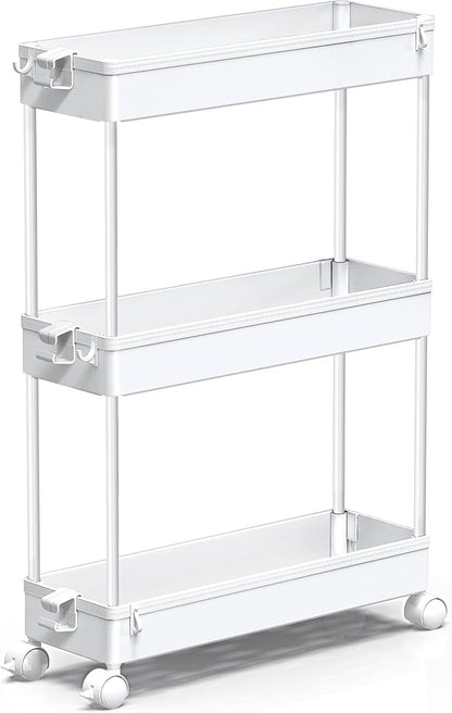 SPACEKEEPER Slim Rolling Storage Cart, 3 Tier Bathroom Storage Organizer Laundry Room Utility Cart Mobile Shelving Unit, Multi-Purpose for Kitchen Office Bathroom Laundry Narrow Places, White
