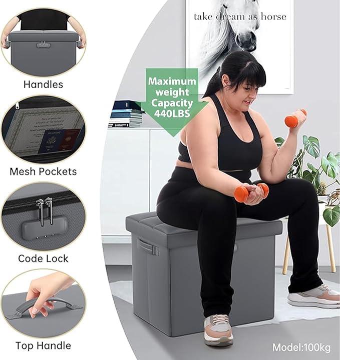 DocSafe Storage Ottoman with Lock, Fireproof Folding Ottoman Foot Rest Stool