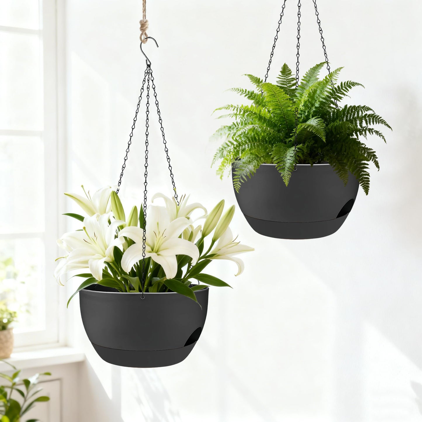 zople Set of 4-8 Inch Self Watering Hanging Planters for Indoor Outdoor，Hanging Plant Pots with Drainage & Removable Tray, Hanging Pots Holder for Ivy, Pothos, Ferns, Balcony & Patio, Black