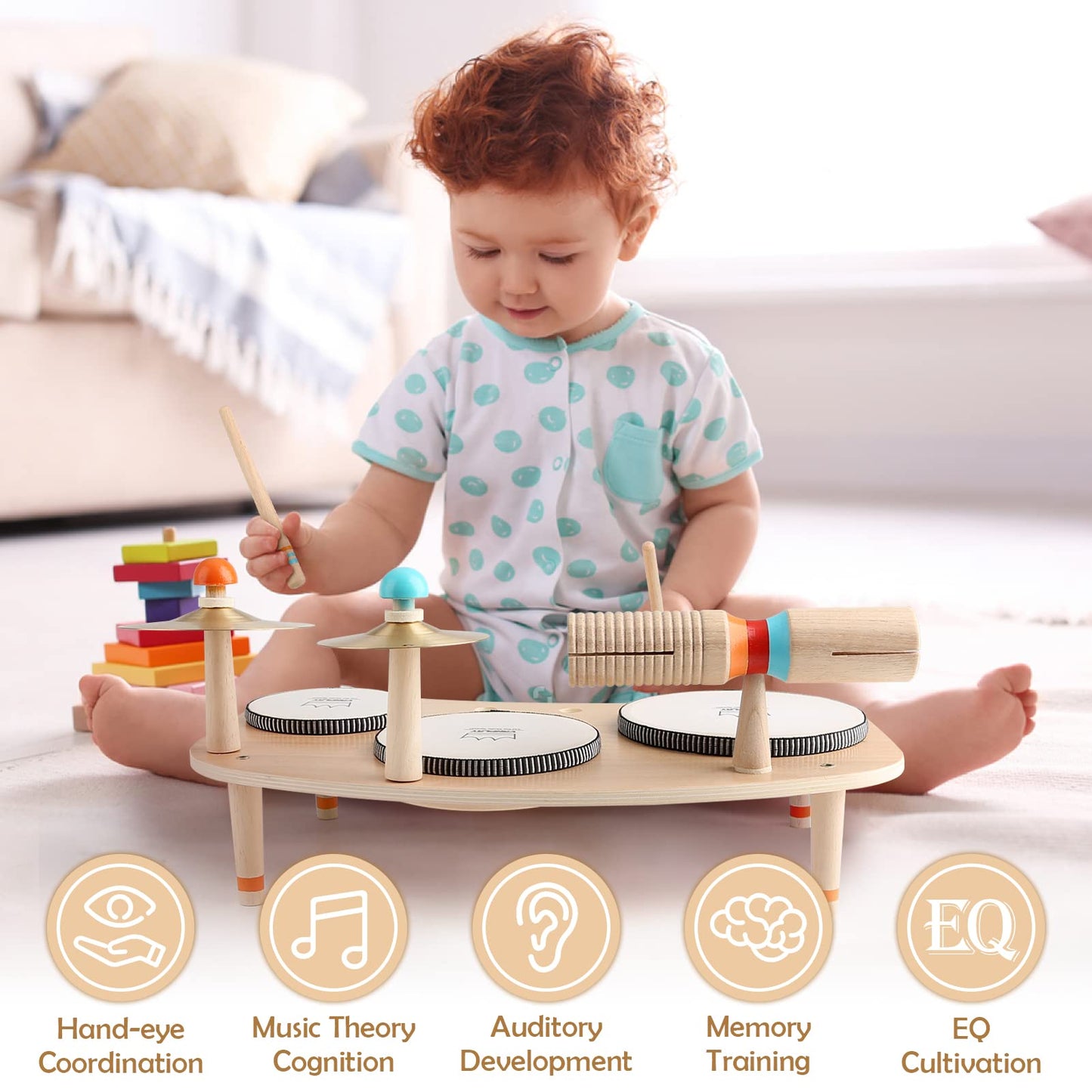 Kids Drum Set for Toddlers 3+, 8 in 1 Montessori Musical Instruments - Wooden Musical Toys for Baby Easter Christmas Birthday Gifts for Preschool Learning Music for Boys Girls Age 3 4 5 6
