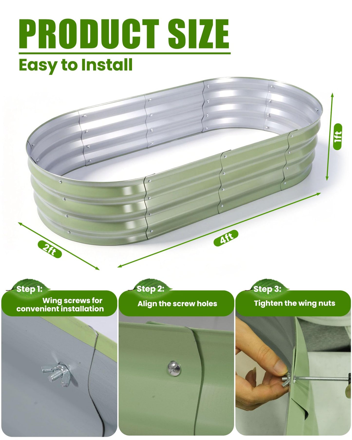 Bloyapix Galvanized Raised Garden Bed Outdoor, 1 Pcs 6x3x1ft Oval Metal Planter Box for Planting Plants Vegetables, Silver (Green-4x2x1ft-2Pcs)