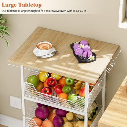 ThreeHio Rolling Kitchen Microwave Cart with Fruit Baskets, 4 Tier Microwave Table Stand with Storage, Kitchen Storge Shelf on Wheels Small Rolling Cart Organizer Rack for Pantry, Living Room