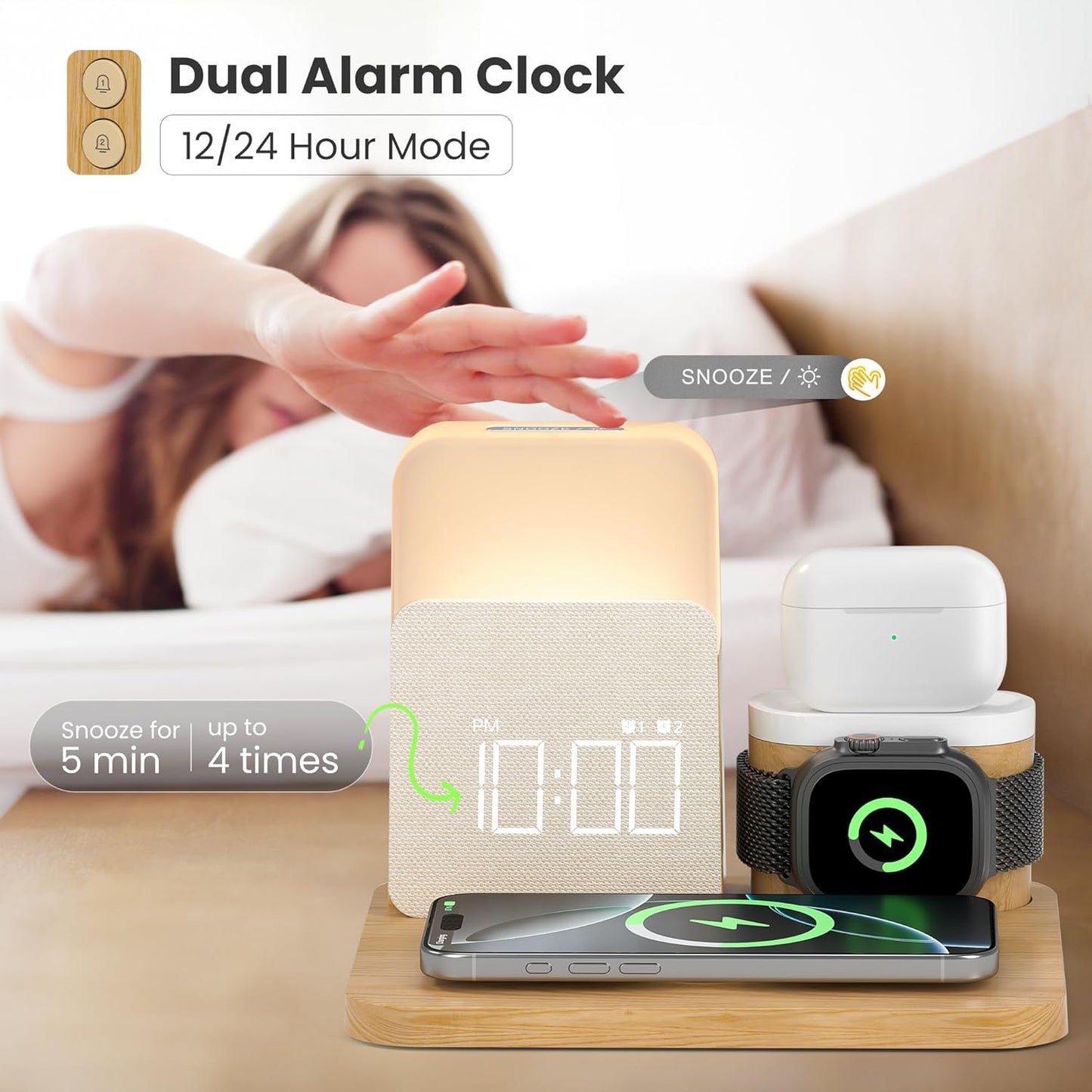 Alarm Clock Charging Station for Bedrooms, 7 in 1 Wireless Charging Station, Magnetic Charger with Night Light Bedside Clock for iPhone 16 15 14 13 12 Pro Max, Apple Watch, AirPods