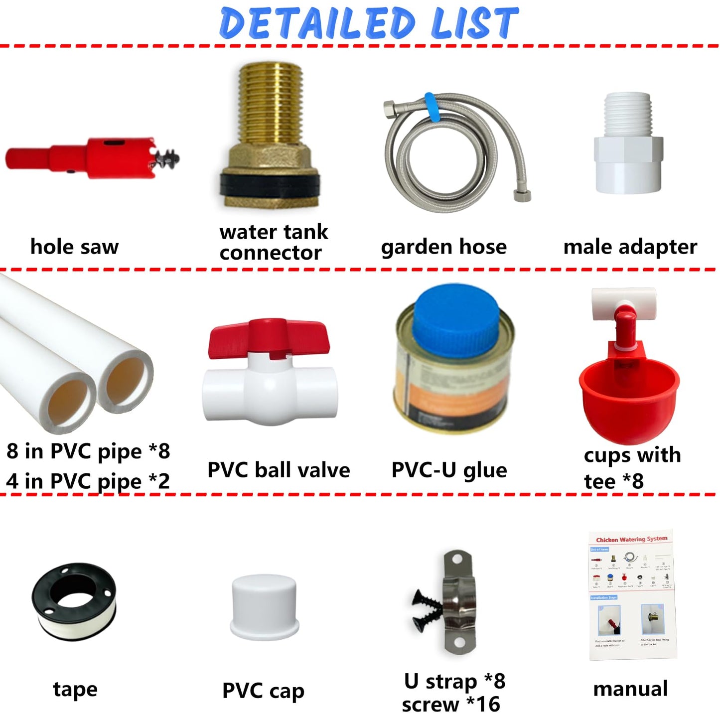 Automatic Chicken Watering System with 1/2" PVC Pipe and Chicken Waterer Cups, Stainless Steel Hose, Leak-Proof and Easy-Assembly Chicken Waterer Feeder Kit for Coops